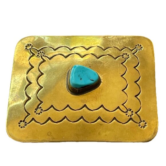 Navajo Yellow Brass Turquoise Women’s Belt Buckle Flower Engraved Signed ER - Picture 1 of 9